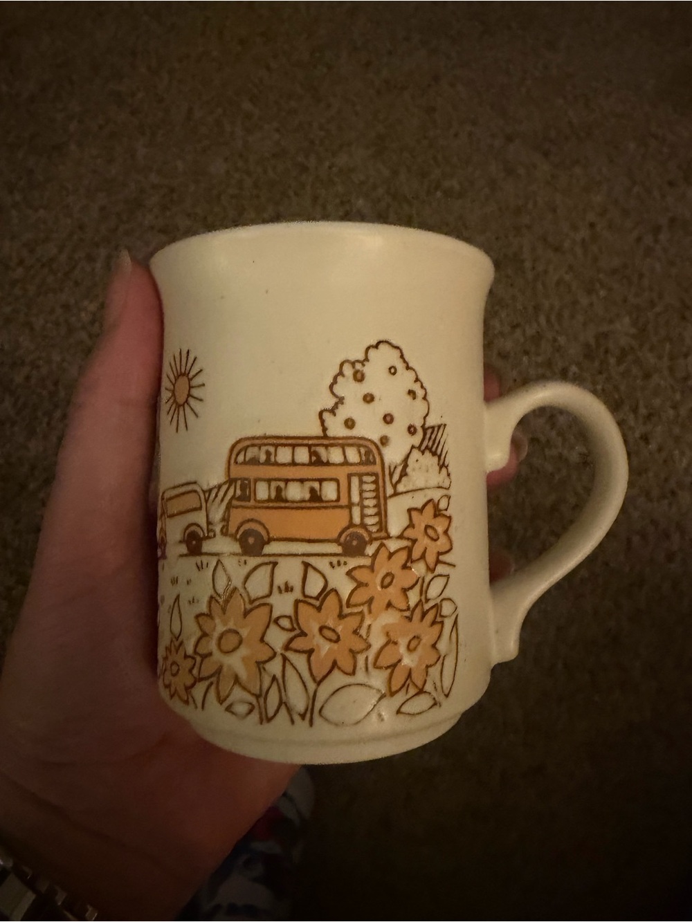 Ashdale Pottery Cream and Orange Illustrated Ceramic Mug with Bus & Floral Motif